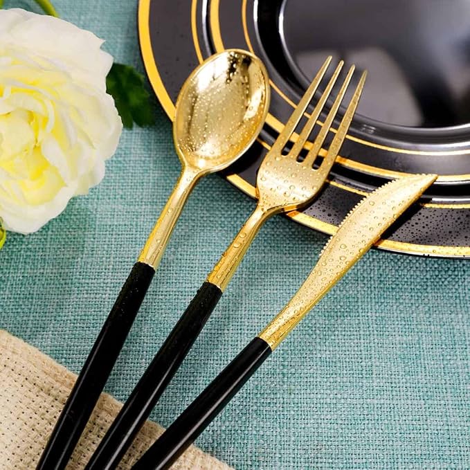 Rubtlamp 96 Pcs Gold Disposable Silverware, Plastic Cutlery, 32Knives - Image 3
