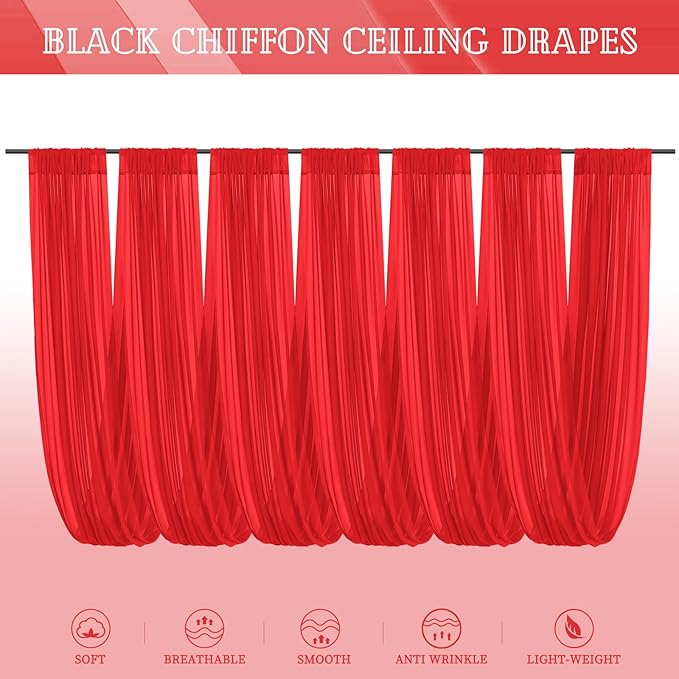 6 Panels Red Ceiling Drapes for Wedding 5ftx20ft Chiffon Fabric Arch Draping - Image 6