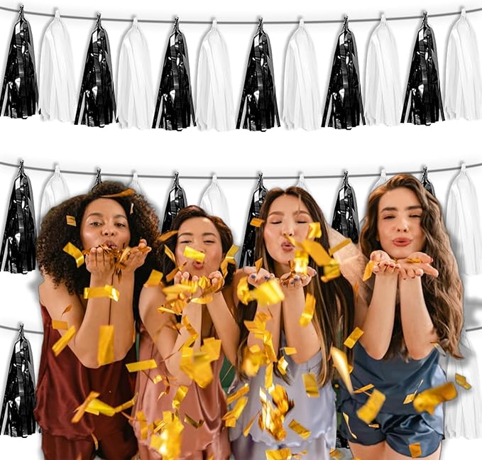 3P Black White Foil Fringe Tassel Banner Metallic Tinsel Streamer Garland Wall - Image 6