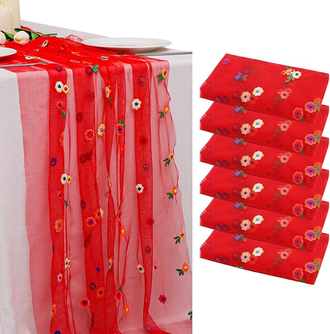 BINBE 6pcs Daisy Fall Table Runner Embroidery Gauze 10FT Florals Seasonal Tulle by BINBE