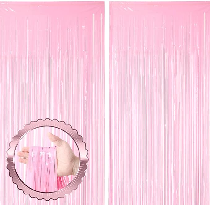 2 Pack Pastel Pink Tinsel Foil Fringe Curtains, Metallic Tinsel Party Streamers by Voircoloria