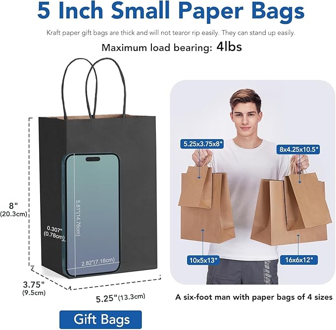 GSSUSA 200 Pack Black Paper Gift Bags 5.25x3.75x8'', Merchandise - Image 3