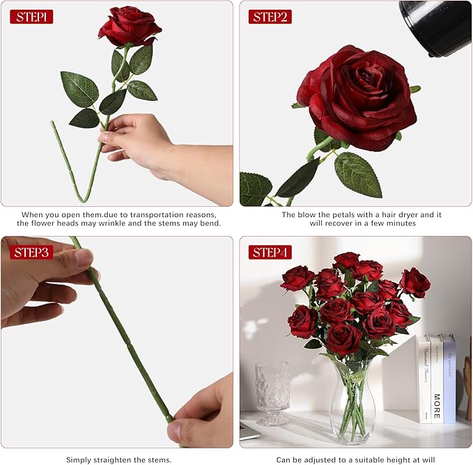 Tifuly 12pcs Red Roses Artificial Flowers, Realistic Long Stem Fake Silk Roses - Image 9
