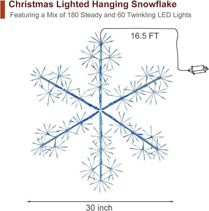 30’’ Christmas Snowflake Lights Outdoor, Pre-lit 240Pcs Blue LEDs Hanging Blue - Image 4