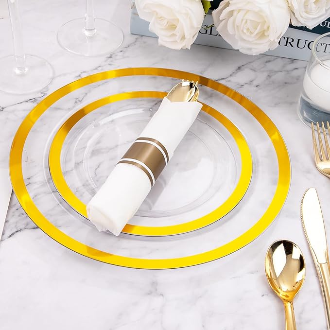 Rubtlamp 350 Pcs Clear Gold Plastic Plates, Disposable Dinnerware, 50 Cups - Image 4