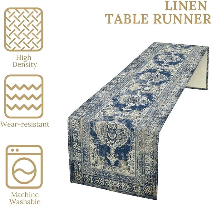 Vintage Boho Floral Table Runner, Rustic Country Farmhouse Blue Teal Retro - Image 5