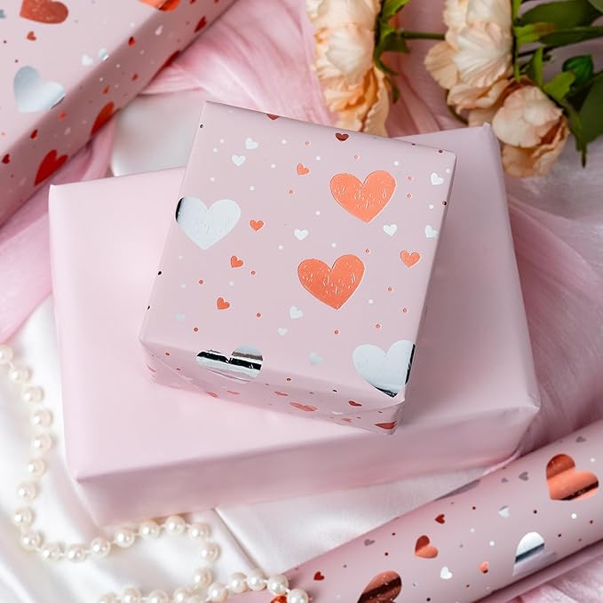 Burymento Gold Foil Heart Wrapping Paper, Reversible Pink Gift Wrap - Image 4