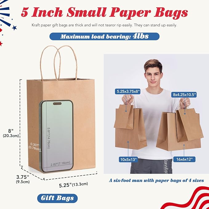GSSUSA 200 Pack Brown Paper Bags 5.25x3.75x8 Inch Small Gift Bags - Image 2