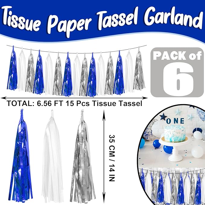6P Navy-Blue White-Silver Tassel Garland Banner, Tassels Banner Streamers - Image 2