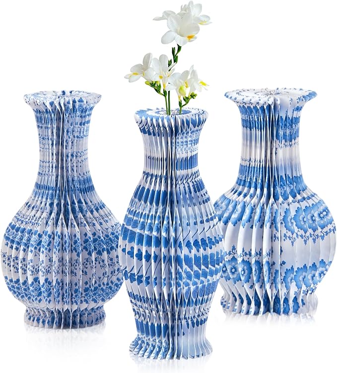 3 Pcs Blue and White Paper Honeycomb Vase, Foldable Decorative Vase - Image 6