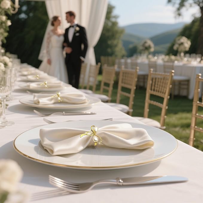 Gold Napkin Rings Set of 8 Pearl Bow Napkin Rings - Image 6