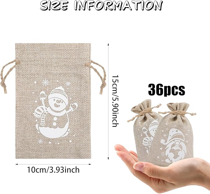 CCINEE 36pcs Christmas Burlap Bags, 4×6 Inch Drawstring Christmas Burlap Goody - Image 2