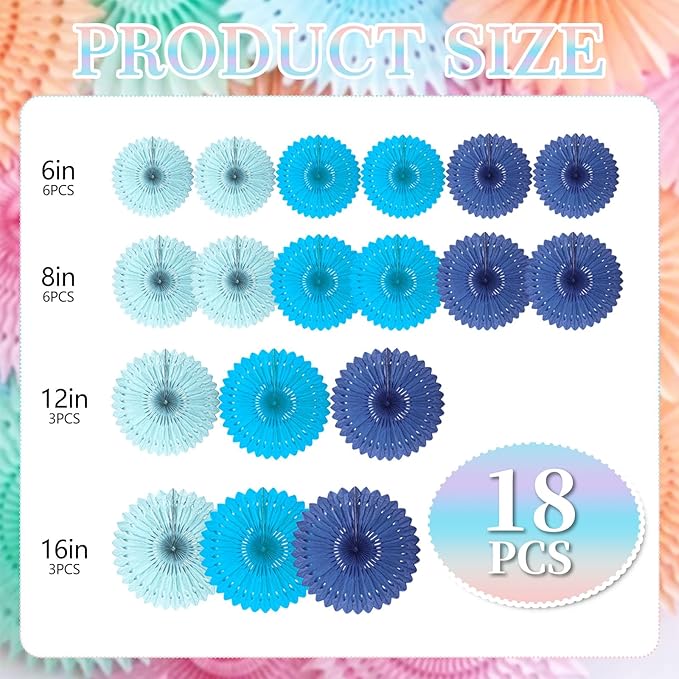 18 Pcs Blue Kit Hanging Honeycomb Paper Fans, Round Paper Fan Decorations - Image 2
