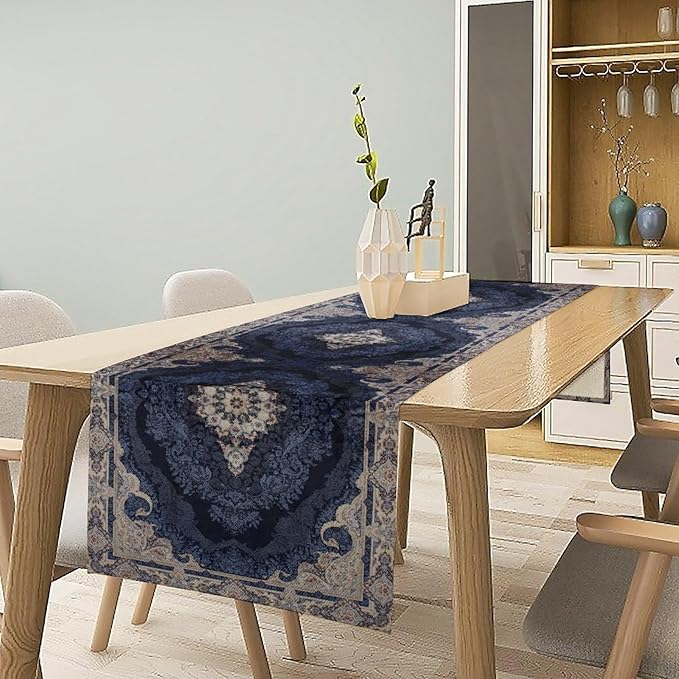 Vintage Boho Floral Table Runner, Rustic Country Farmhouse Dark Blue Grey Retro - Image 3
