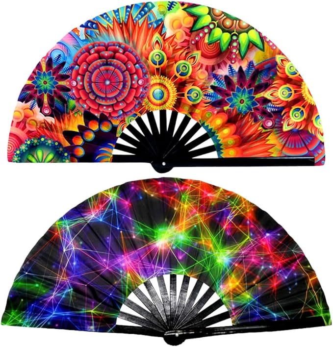 2 Pack Large Folding Rave Fan for Women/Men Holographic Festival Bamboo Clack by A+ALFEEL