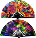 2 Pack Large Folding Rave Fan for Women/Men Holographic Festival Bamboo Clack by A+ALFEEL