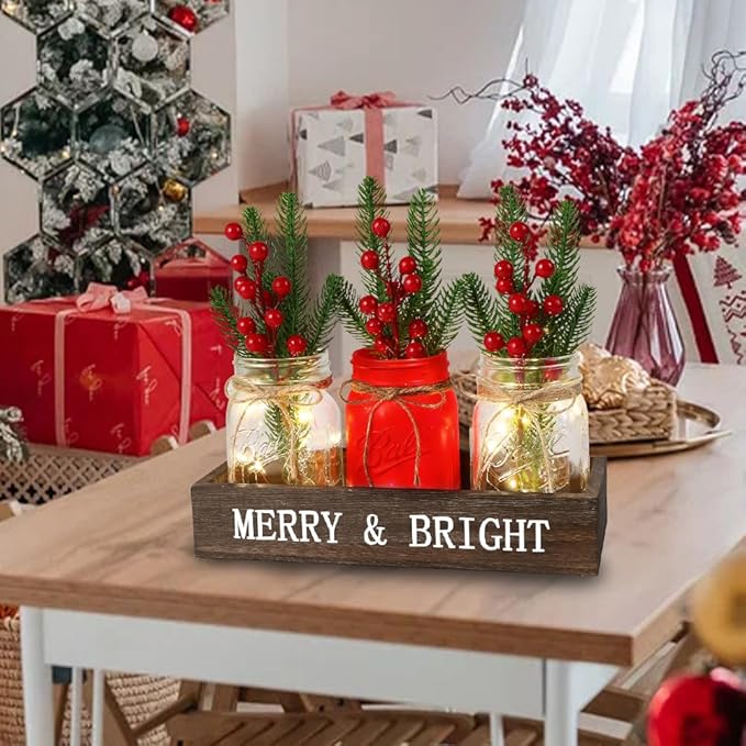 DIYDEC 3PCS Christmas Mason Jars 3*5Inch lighting Painted Xmas Tiered Tray - Image 2