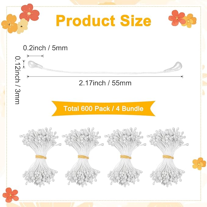 600-Pack Flower Stamens for Crafts, 5mm Double Heads Artificial Pearl Floral - Image 3