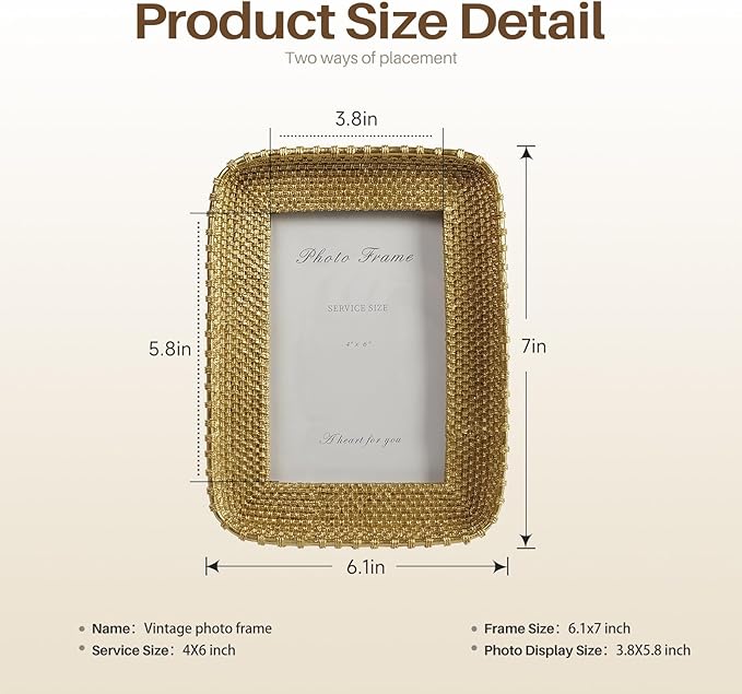 Cuspin 4x6 Picture Frame Vintage Gold Metal Rattan Textured Hand-Crafted Photo - Image 5