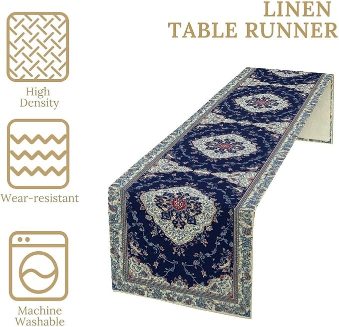 Elegant Palace Boho Blue Table Runner Vintage French Style Farmhouse Geometric - Image 5