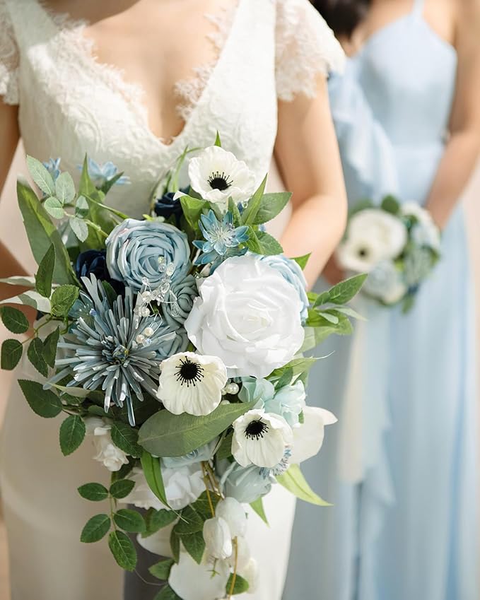 Ling's moment Dusty Blue Bridal Bouquet Cascading, Wedding Bouquets - Image 6
