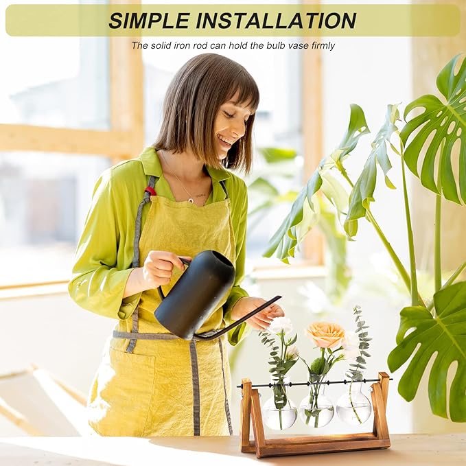 XXXFLOWER Plant Terrarium with Wooden Stand, Air Planter Bulb Glass Vase Metal - Image 4