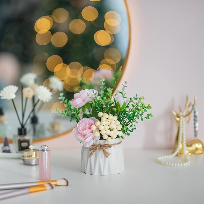 BLOSMON Table Decor Artificial Flowers Vase 7 Inch Small Fake Pink Flower - Image 7