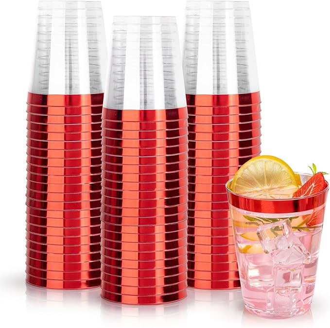 DaYammi 100 Pack Red Plastic Cups 10 Oz Clear Red Rimmed Plastic Cups by DaYammiwillaccompanyyou