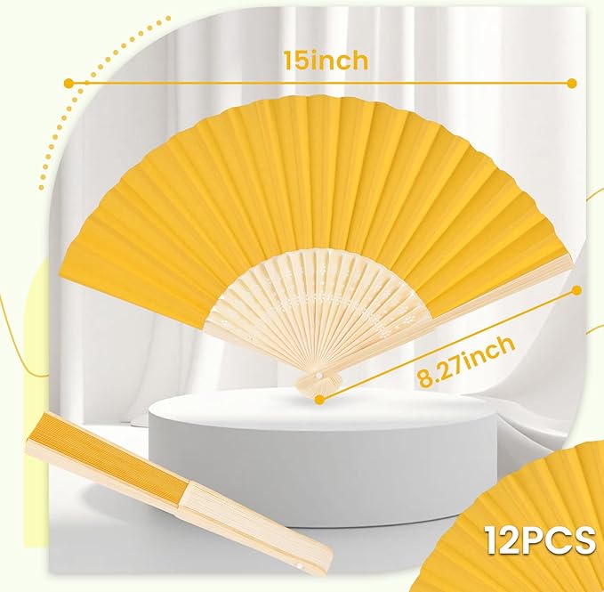 JOHOUSE 12 Pcs Foldable Hand Fan, 8.3 Inch Yellow Paper Fans - Image 2