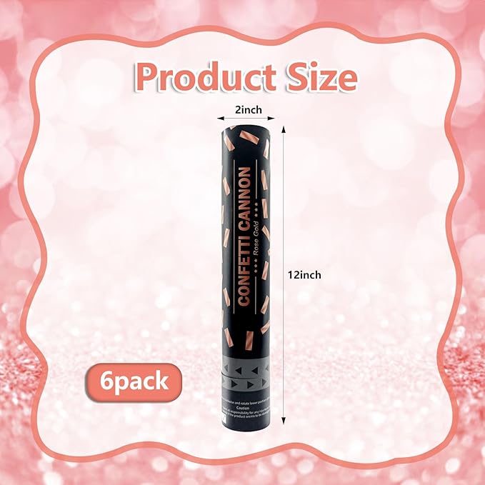 6 Pack Rose Gold Confetti Poppers, 12 Inch Confetti Cannon Party Poppers - Image 2