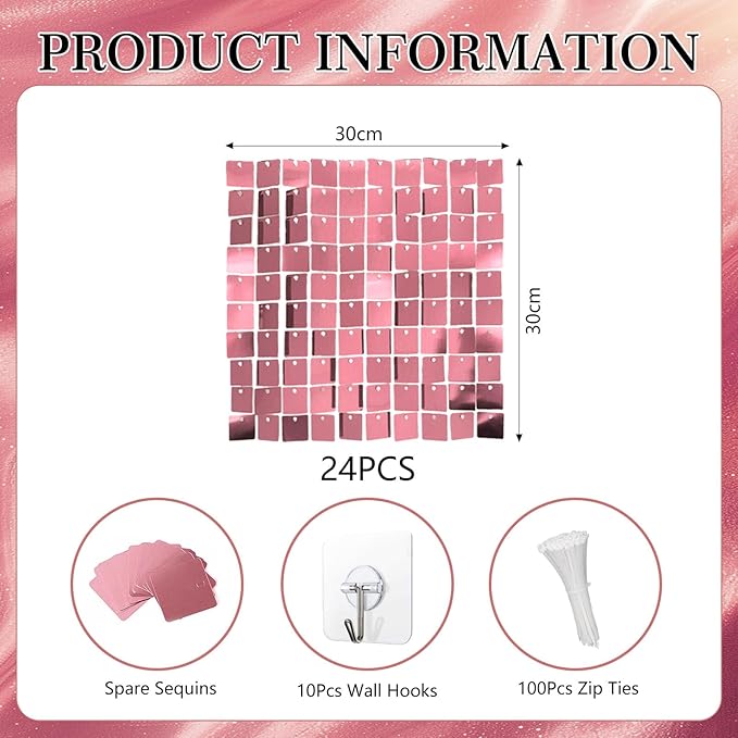24PCS Rose Gold Shimmer Wall Backdrop, Square Sequin Backdrops Panel, Glitter - Image 2