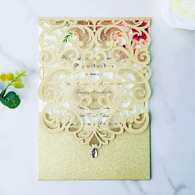 Hosmsua 50PCS Champagne Gold Wedding Invitations Kit 5 x 7.3 Inch Laser Cut - Image 3
