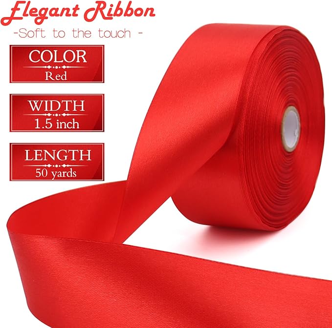 Red Solid Satin Ribbon 1-1/2 Inch 50 Yards Solid Polyester Fabric Ribbon - Image 2
