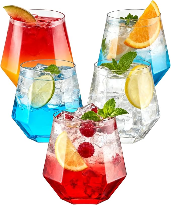 40 PCS Clear 12 Oz Plastic Wine Whiskey Glasses, Diamond Stemless Unbreakable by BESTSTAR