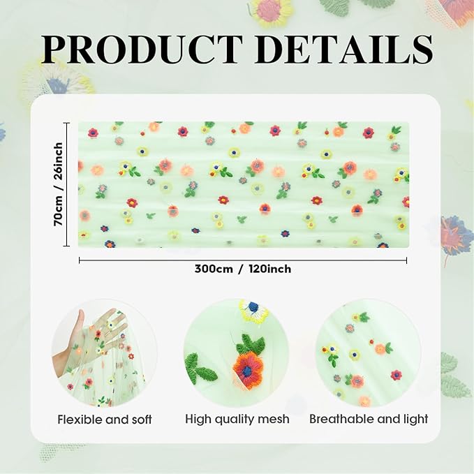 Artoid Mode Sage Green Embroidery Daisy Gauze Table Runner 120 Inch 10FT - Image 5