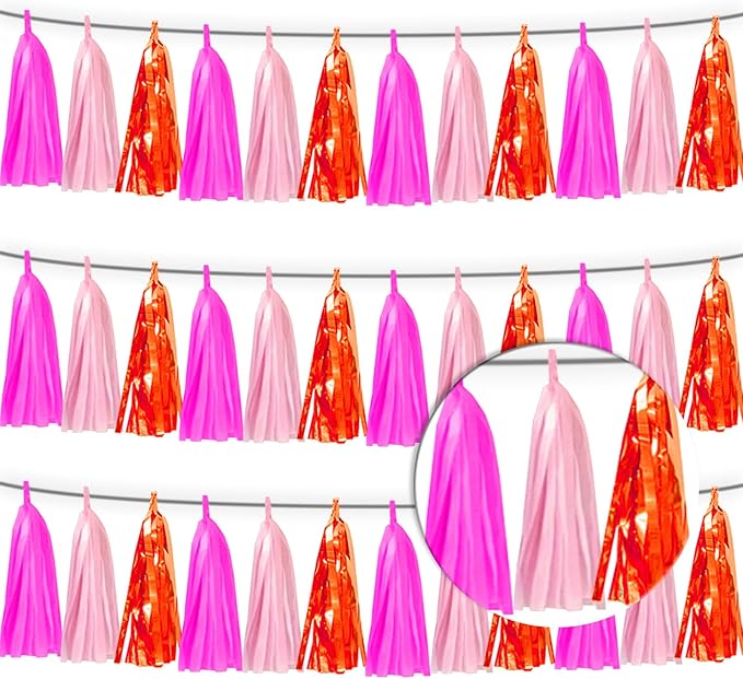 3P Hot Pink Orange LightPink Metallic Fringe Banner Garland Foil Tinsel by Xuuf