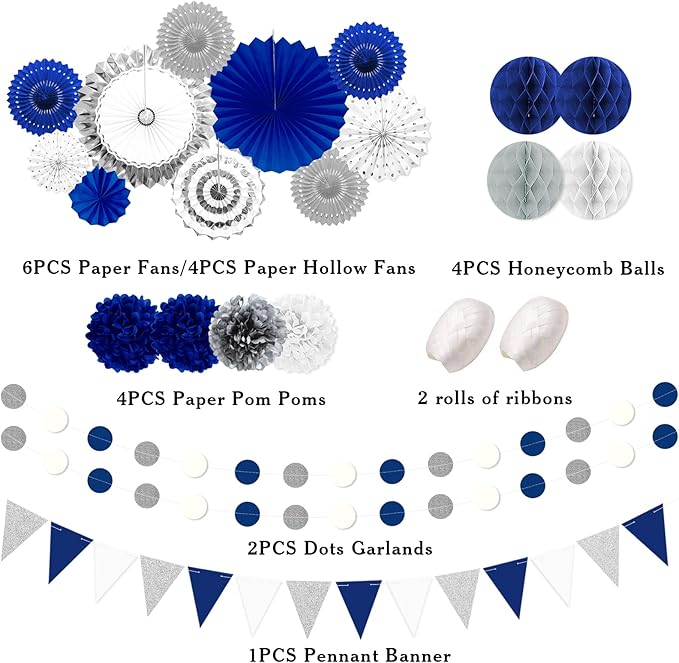 Blue and Sliver Party Decorations, Pom Poms Flowers Packs - Image 2