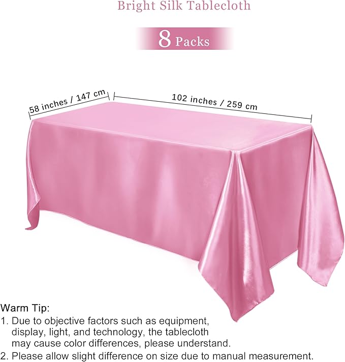 TURSTIN 8 Packs Pink Satin Tablecloth 102 x 58 Inch Overlay Satin Table Cover - Image 2