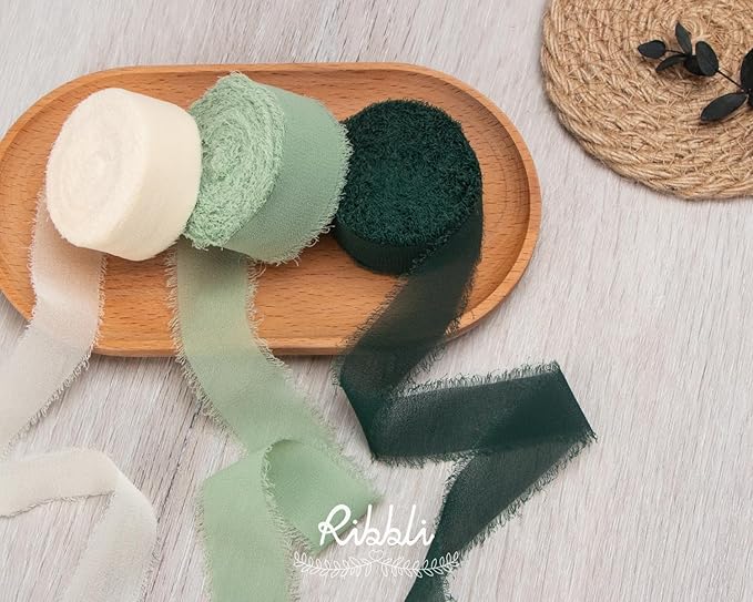Ribbli Green Ribbon 1 Inch x 3 Rolls Total 24 Yards Ivory/Sage/Forest Green - Image 5