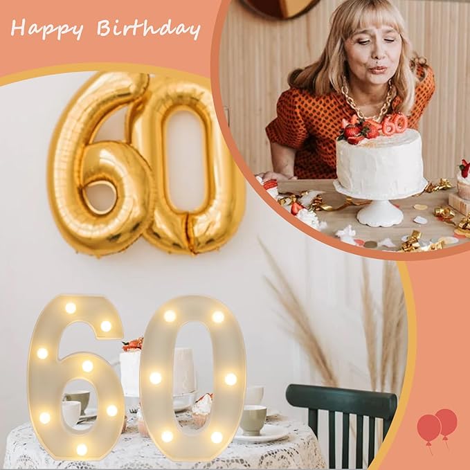 Decorative Led Light Up Numbers, 60th Birthday Decorations, Warm White Led - Image 4