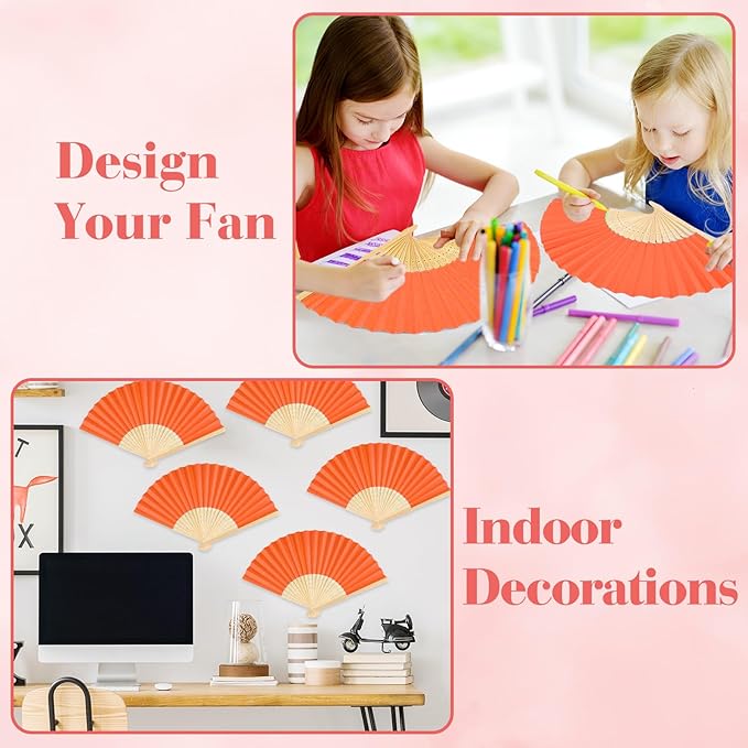 12 Pieces Orange Hand Held Bamboo Folding Fans Paper Fans Handheld - Image 4