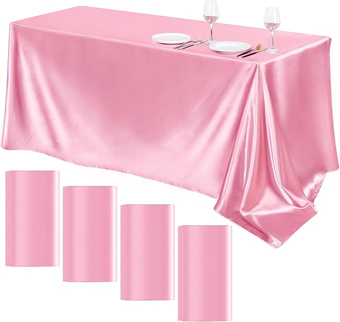 TURSTIN 4 Packs Pink Satin Tablecloth 102 x 58 Inch Overlay Satin Table Cover by TURSTIN