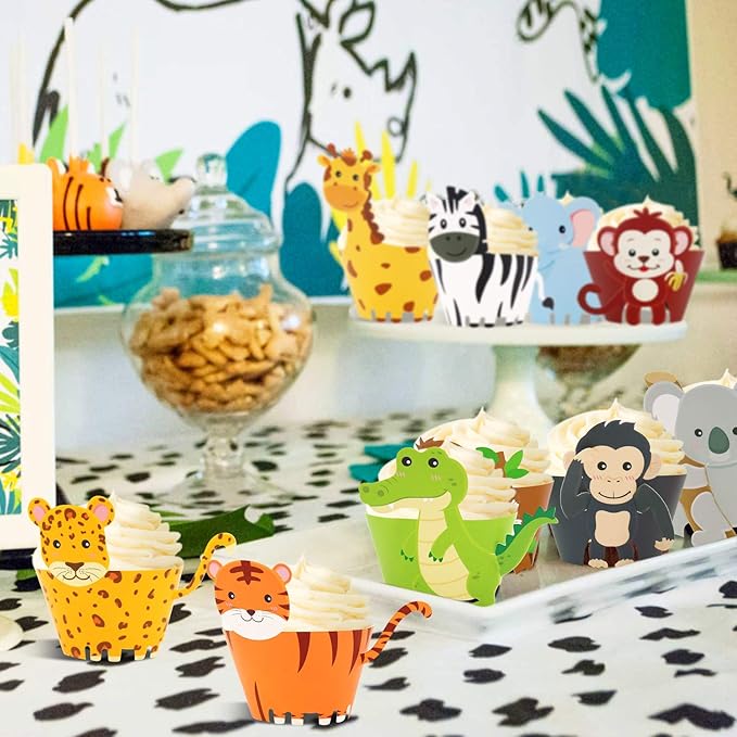 48 Pcs Jungle Safari Animal Cupcake Wrappers Wild Party Cake Decorations Jungle - Image 2