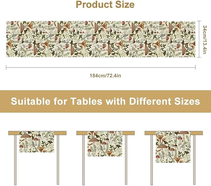 Mushroom Table Runner, Vintage Forest Flower Plant Print Table Runner - Image 7