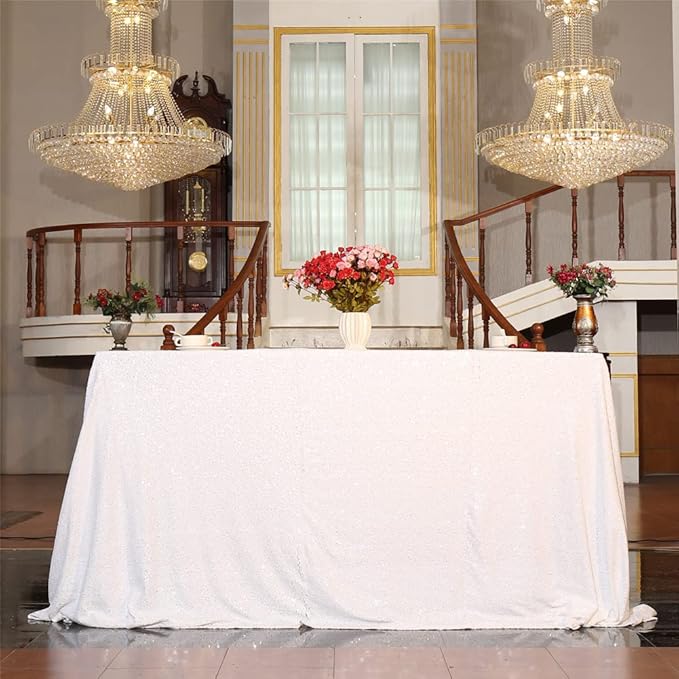 SquarePie Sequin Tablecloth 90 x 132 Inch White Sparkly Table Cloth - Image 5