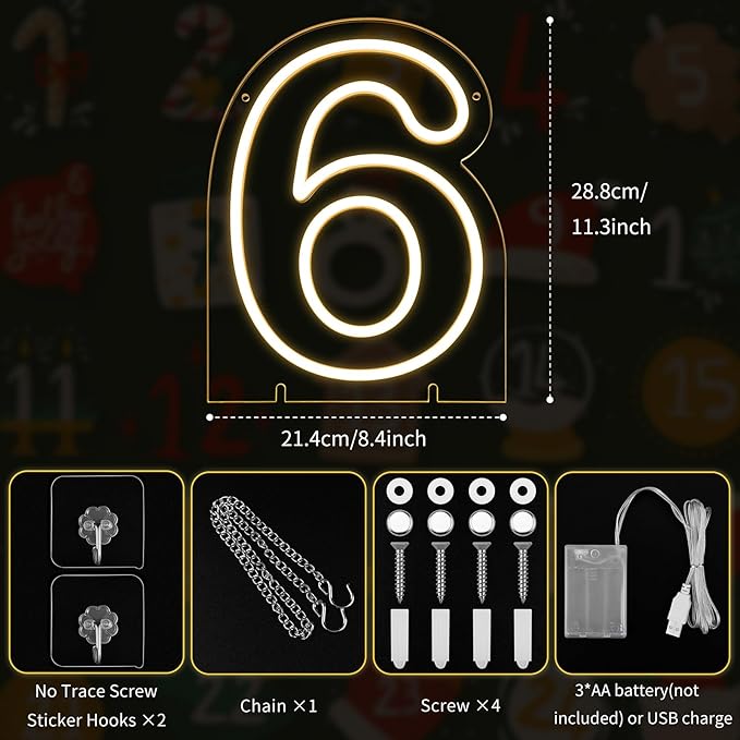 Number 6 LED Neon Sign Backdrop Birthday Party Decoration, 11.3" 11.3" Height - Image 3