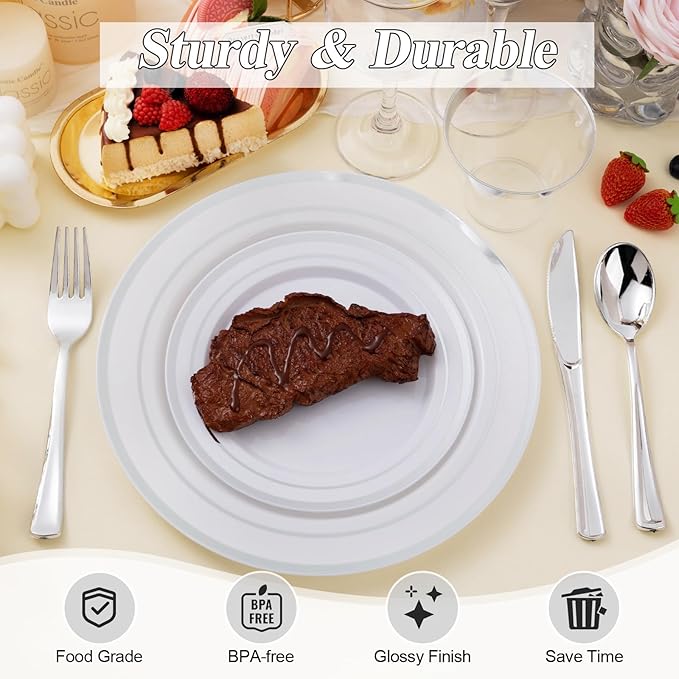 100PCS Silver Plastic Plates Set, 50 10.25 inch Dinner Plate and 50 7.5 inch - Image 4