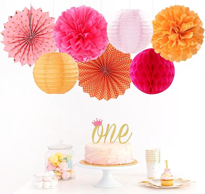 Hot-Pink Burnt-Orange Party-Decorations Streamers Lanterns - Image 5