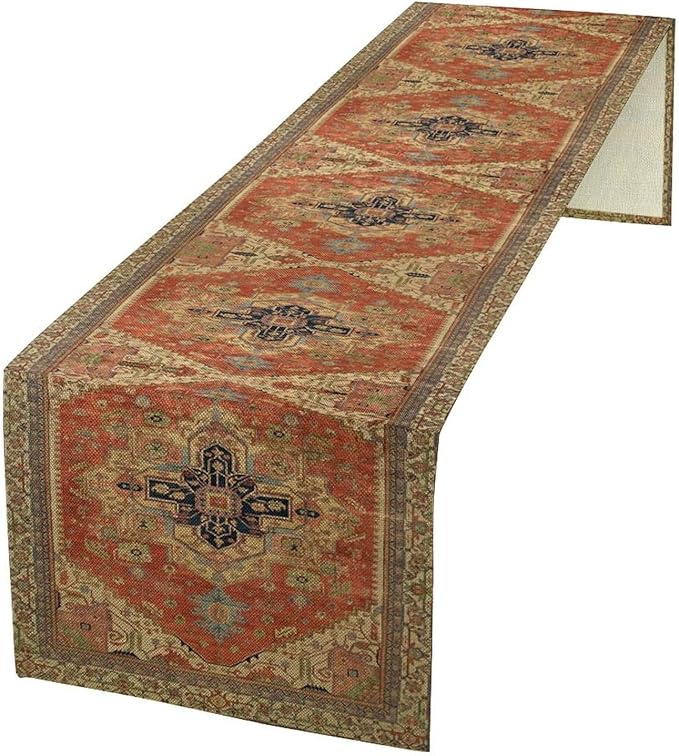 Vintage Boho Floral Table Runner, Rustic Country Farmhouse Orange Yellow Grey by Unknown