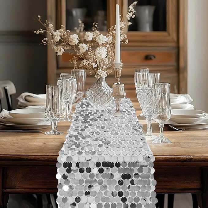 VHH Sequin Table Runner 12 x 108 inches Silver Table Runner, Glitter Runner - Image 8